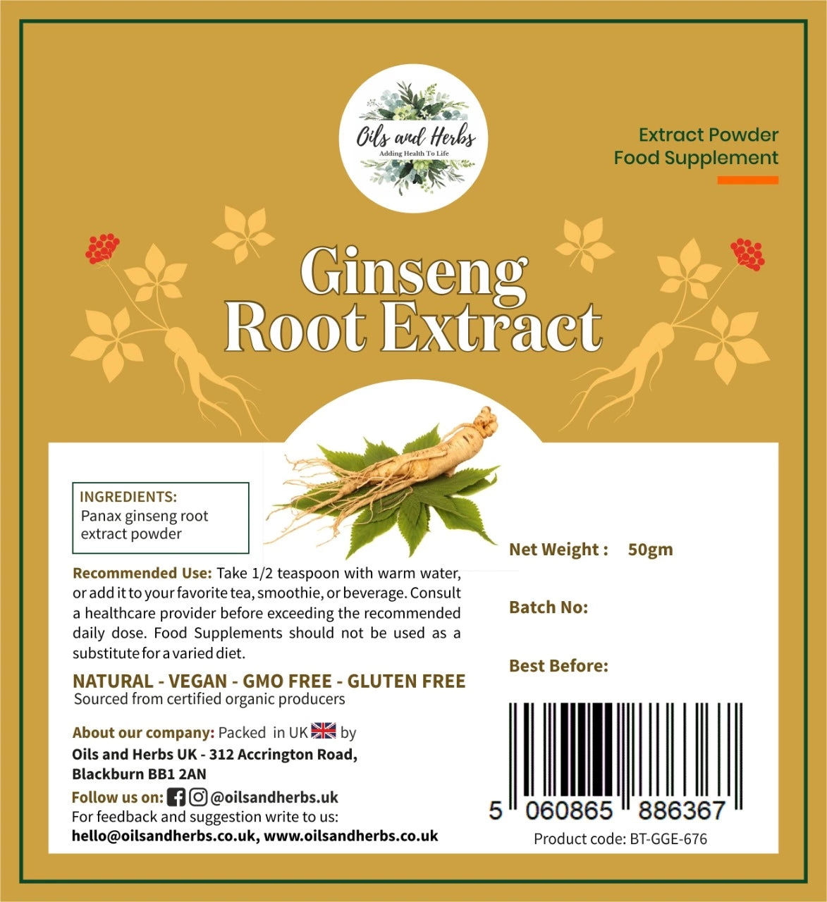 Organic Ginseng Extract Powder – 20% Ginsenosides