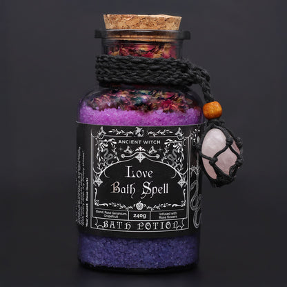 Ancient Witch Bath Spell Potion & Rose Quartz Crystal Amulet - Love